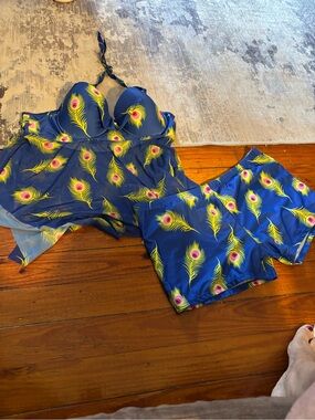 SHEIN Blue Peacock-Print Tankini Top and Swim Shorts